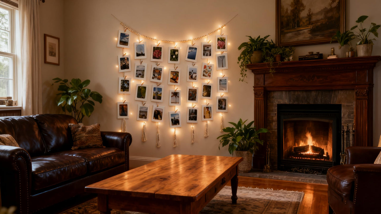 HOZII@FAB Macrame Hanging Photo Display Kit with 30 Cardstock Photo Frames & 5M Timer String Lights - Room Decor for Bedroom/Living Room/Dining Room - Ideal Gifts for Teen Girls & Craft Enthusiasts (Christmas/Birthday/Daily Surprise)