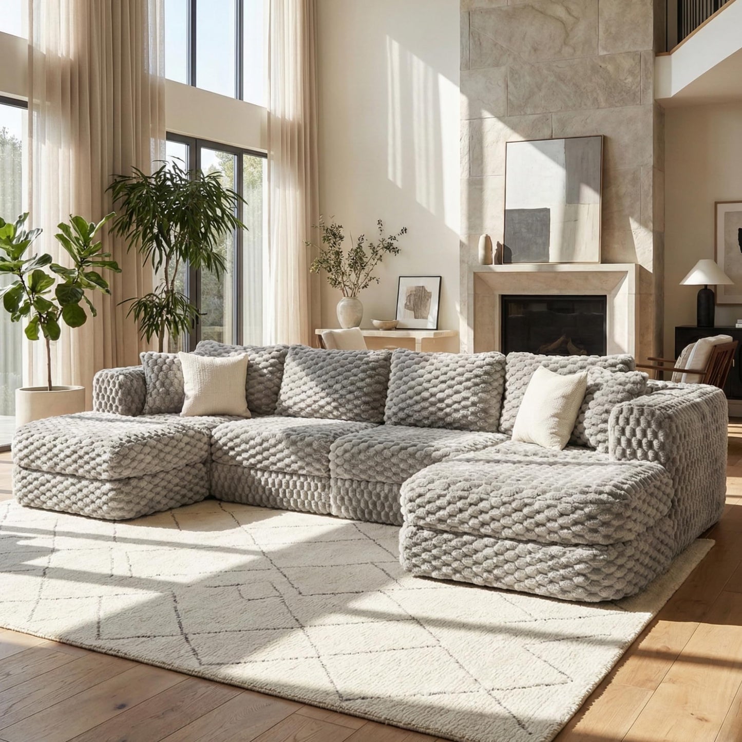 Merax 135.4 Inch Modular Sectional Sofa with 2 Movable Ottomans, Bubble Velvet U-Shape Convertible Couch for Living Room, Reversible Chaise, Includes 4 Throw Pillows, Grey