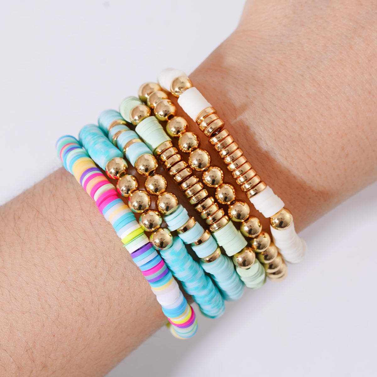GOOJIDS Surfer Heishi Clay Bead Bracelets for Women Bohemian Stackable Gold Plated Beaded Stretch Bracelets Elastic Layering Friendship Bracelets Set Boho Jewelry