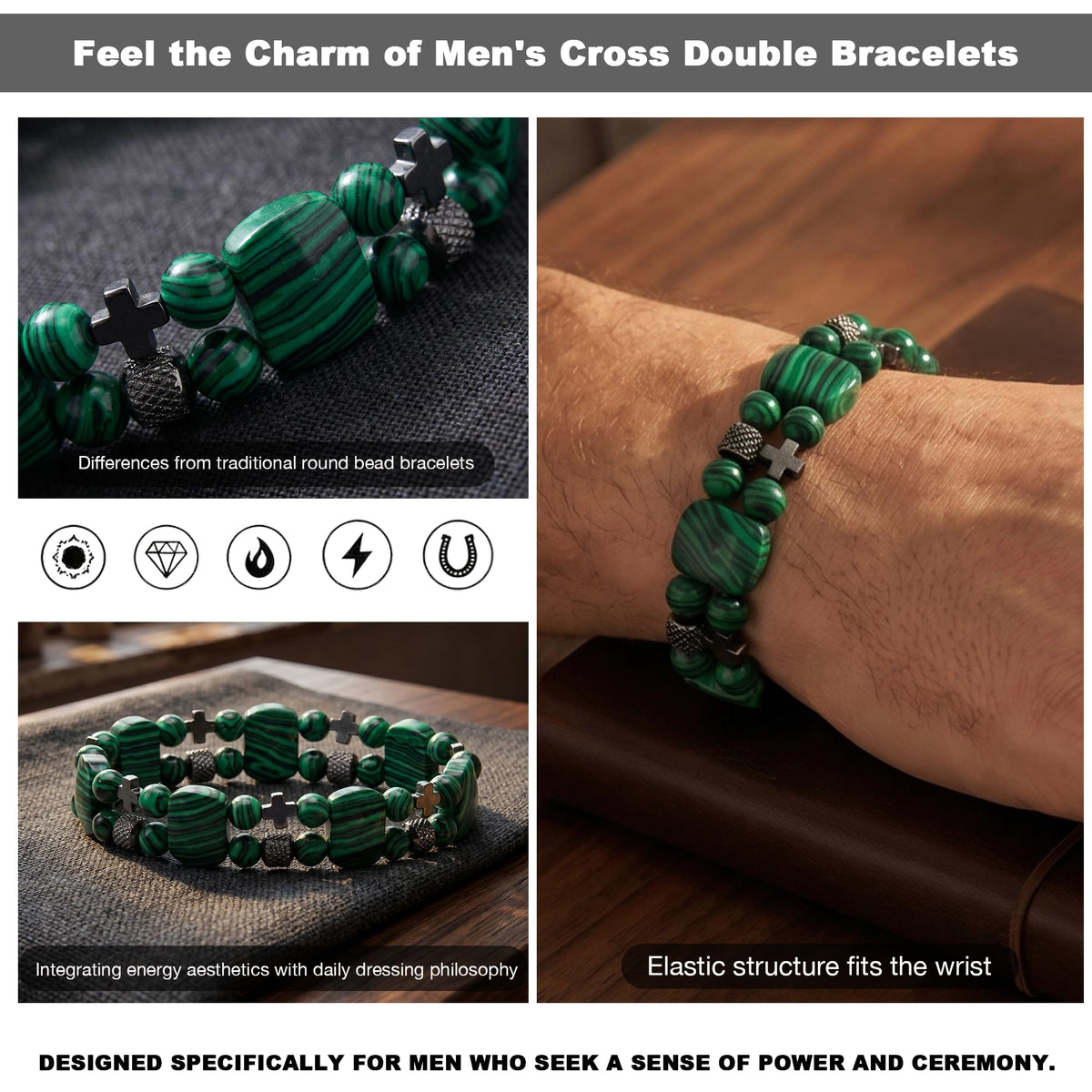 Christian Gifts for Men, Jesus Cross Bracelet for Men Handmade Double Elastic Beaded Bracelets Natural Crystal Gemstone Religious Jewelry for Boyfriend Husband Birthday Anniversary (Malachite)