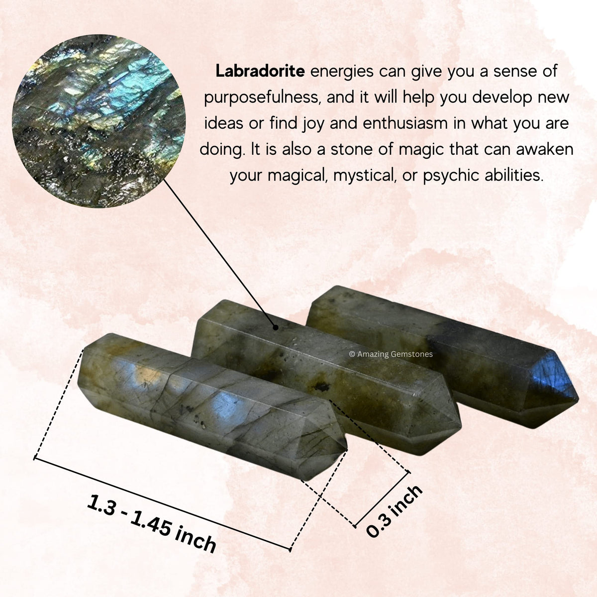 Amazing Gemstone Labradorite Crystal Points Bulk Healing Crystals - Pack of 3 Single Terminated Healing Wand Point Bulk Crystals for Crafts, Crystal Grid, DIY Work - Premium Crystals - Beginners Gift