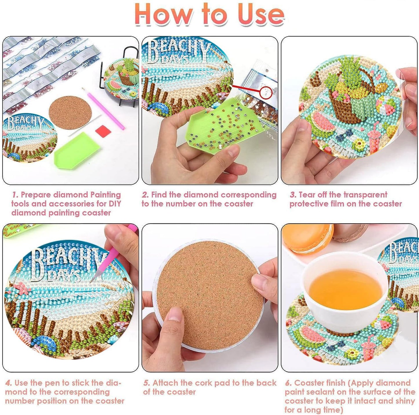 8 PCS Diamond Art Coasters Kits Beach Diamond Painting Coaster Kits Diamond Coasters with Holder Cork Pads Gem Art Dots Paintings Crafts Supplies for Adults Beginners