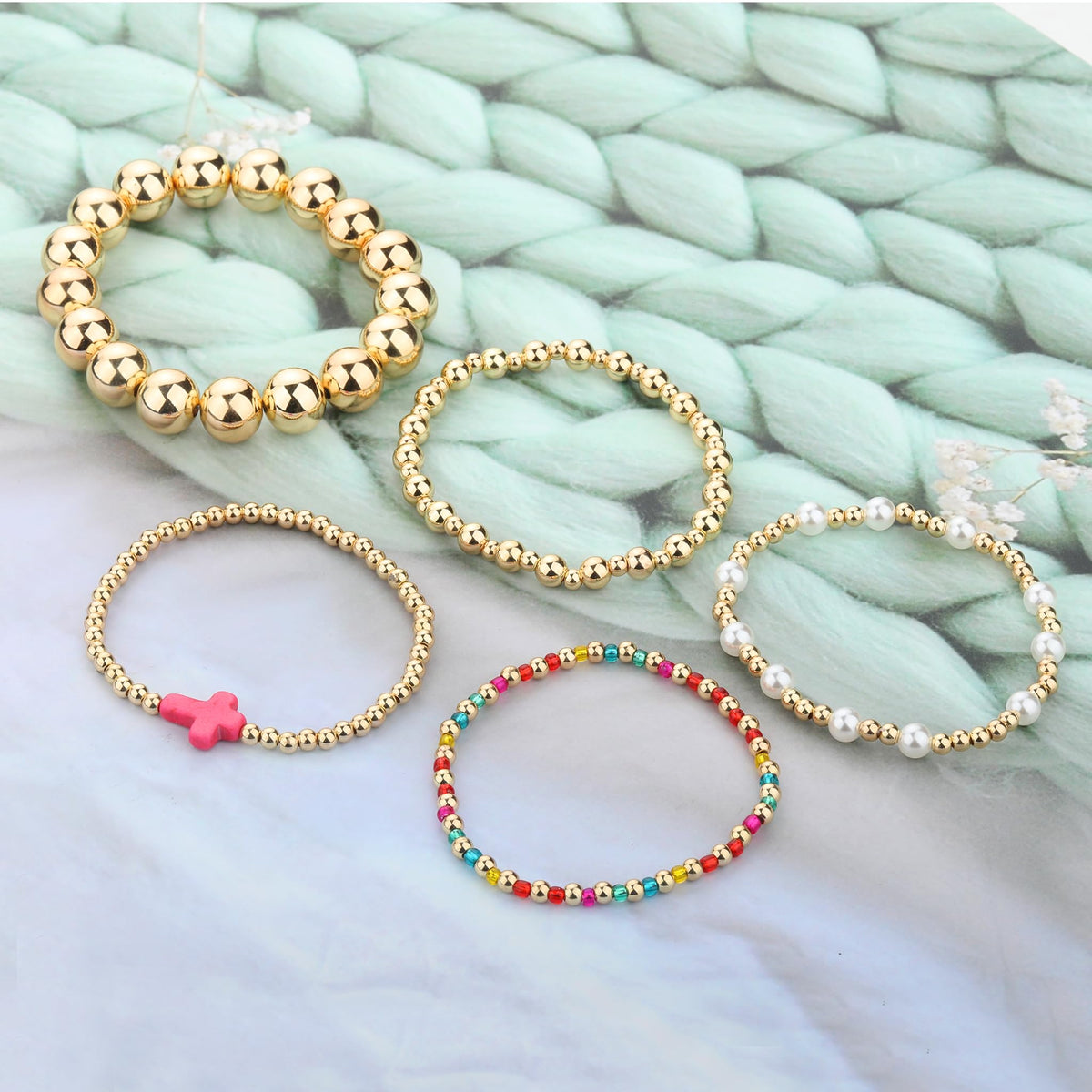Qiuseadu Chunky Gold Beaded Stack Bracelets Beads Ball Cross Colorful Statement Bracelets Set for Women (Rainbow Accent)
