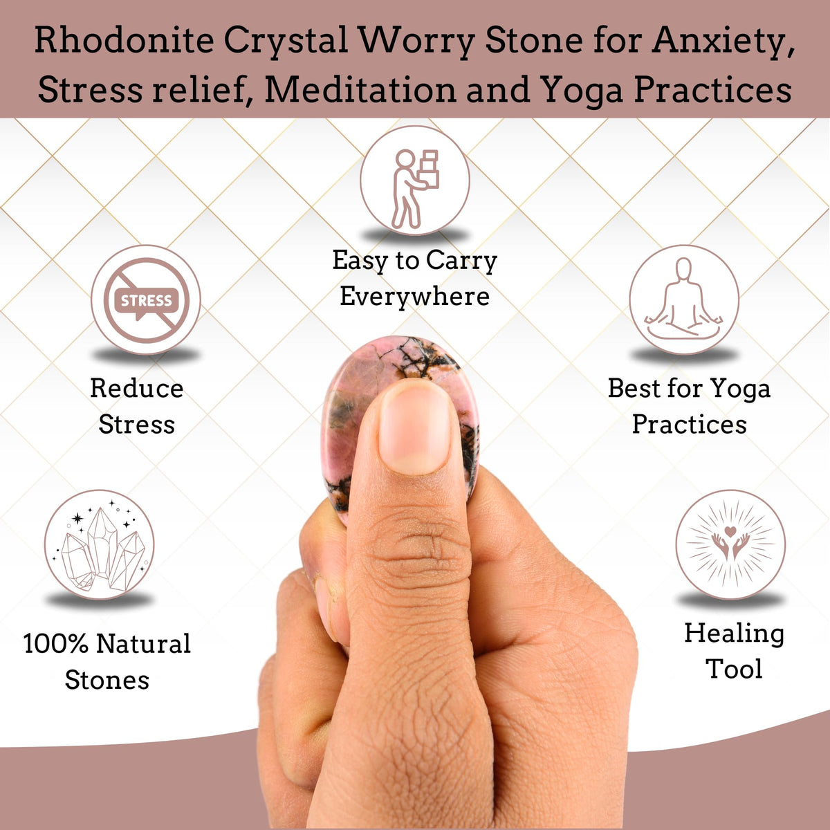 Anaya Agate Rhodonite Worry Stones Certified Crystal Thumb Worry Stone for Anguish, Relaxing and Soothing Balance Stones for Meditation, Stress Relief Crystals and Healing Stones for Men, Women