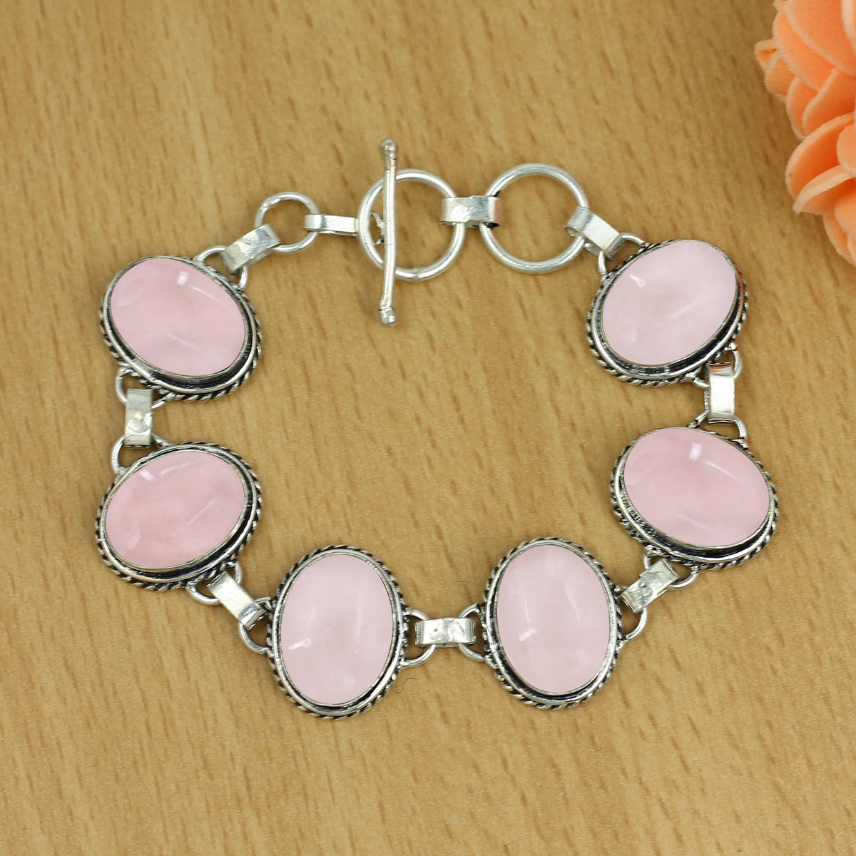 Natural Rose Quartz Silver Plated Handmade Link Bracelet for Women - Pink Color Oval Shape Gemstones January Birthstone Statement Adjustable Bracelet - Valentine Day Gifts for Her