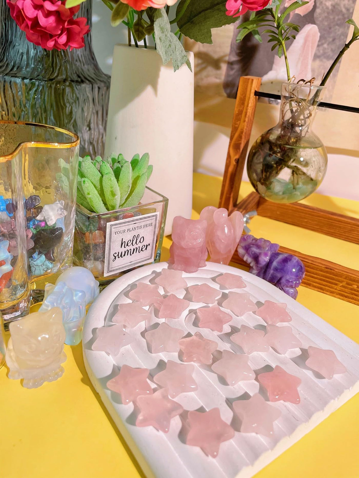 DUQGUHO 20 Pcs Rose Quartz Crystals Star Natural Healing Crystal Set Polished Stone Protection Sacred Meditation Energy Reiki Balancing Crystal