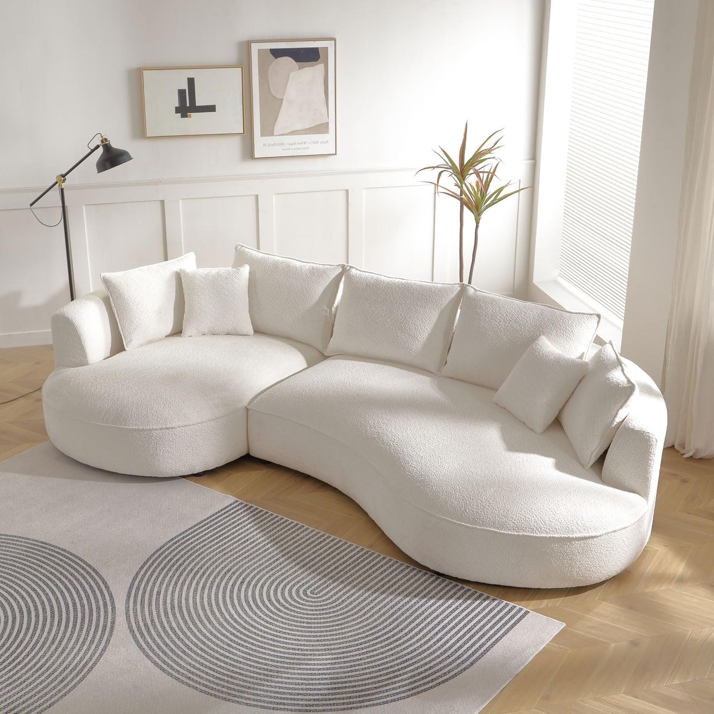 KEIKI 129" Luxury Curved Boucle Sectional Sofa with Left Chaise, Upholstered Modern Style Oversized 5-Seater Couch with Thickened Seat Cushions, Easy Assembly, for Apartment, Living Room, White