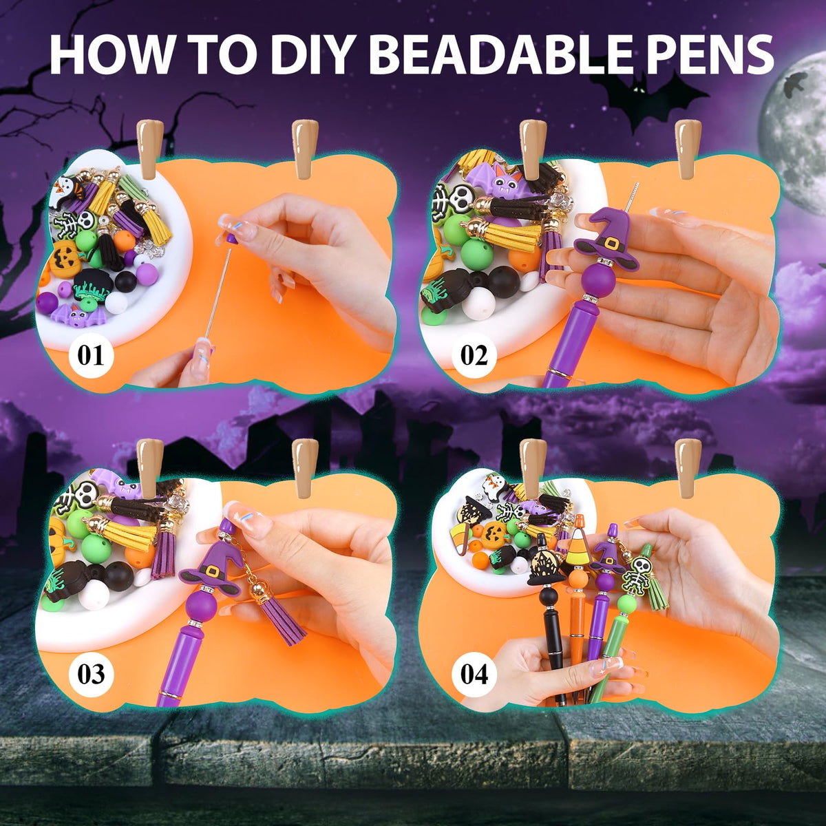 CZWZ Halloween Beadable Pens, Plastic Beadable Pens with 8 Pcs Multicolor Silicone Beads, Halloween Pumpkin Bat Skull Ghost Witch Hat Pens for Halloween Gifts Office Supplies
