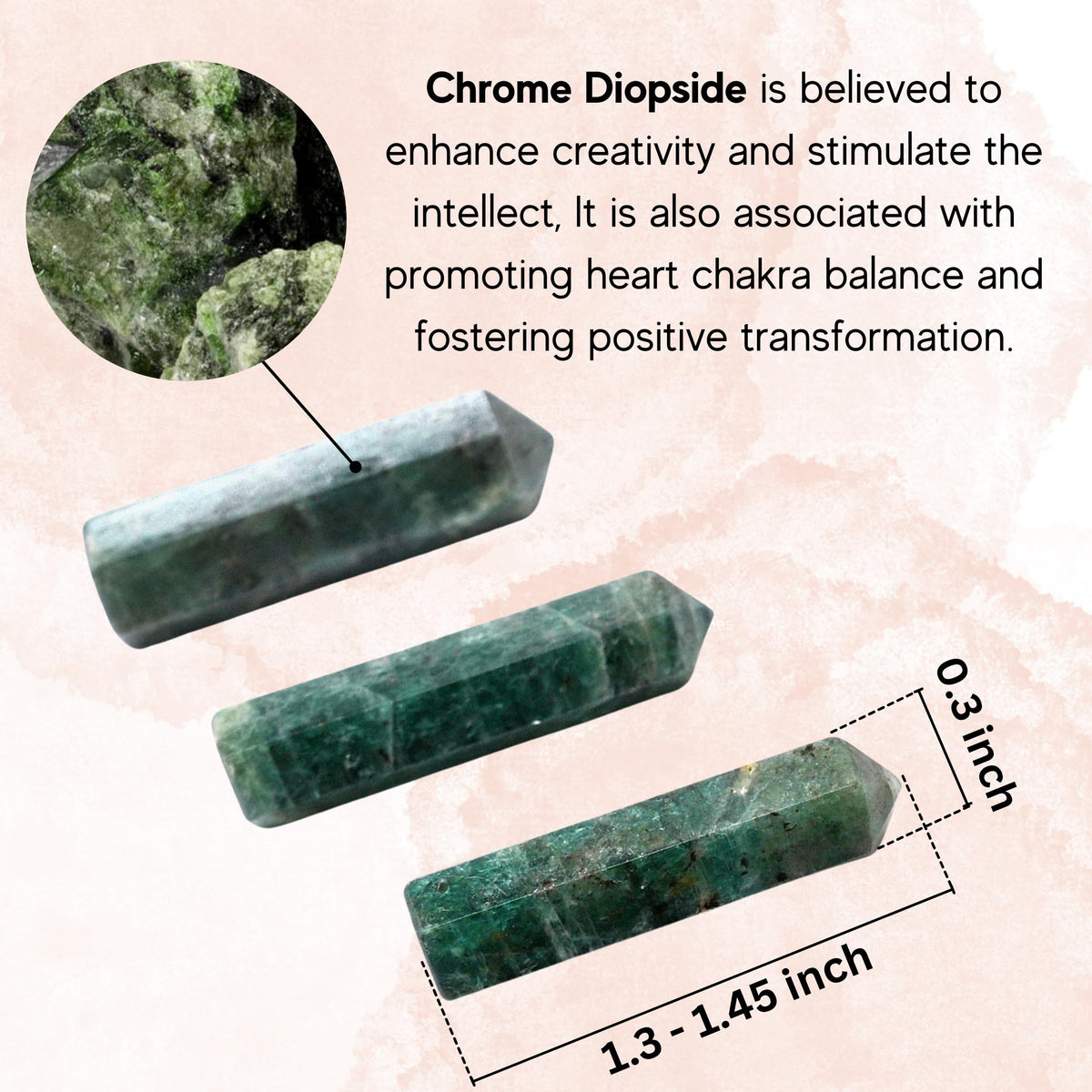 Amazing Gemstone Chrome Diopside Crystal Points Bulk Healing Crystals - Pack of 3 Single Terminated Healing Wand Point Bulk Crystals for Crafts, Crystal Grid, DIY Work - - Beginners Gift
