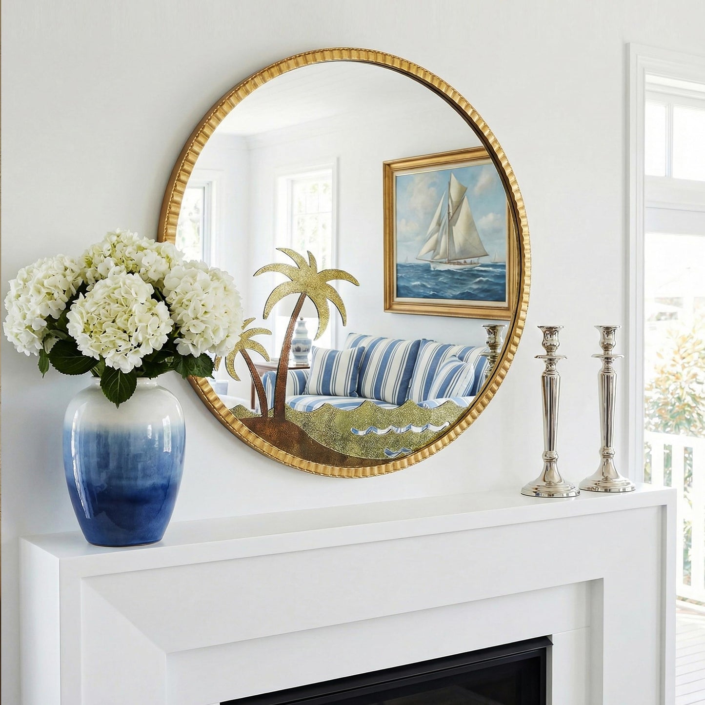 Kaleifaun Round Gold Wall Mirror 32" – Decorative Metal Frame Wall Mirror with Tropical Coconut Tree, Beaded Coastal Accent Mirror for Living Room, Bedroom, Bathroom, Beach House