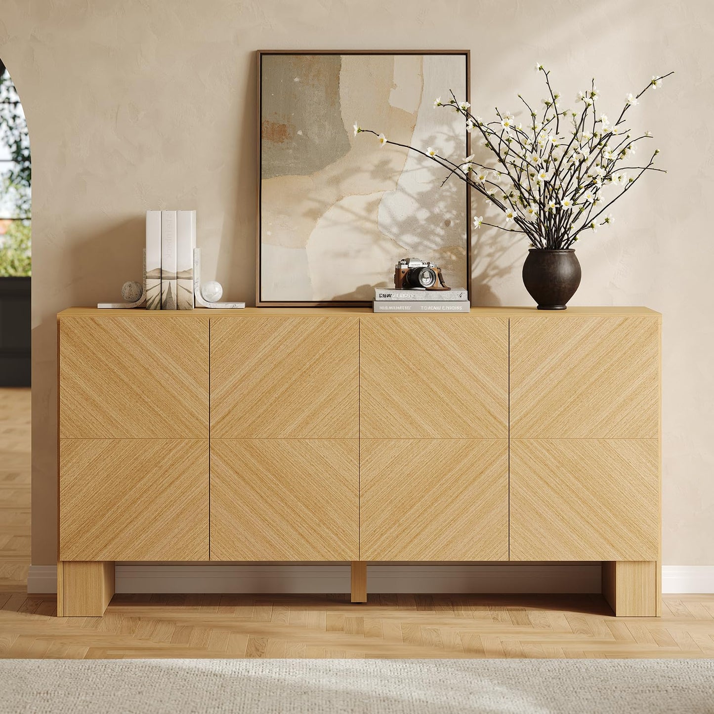 ModernMate 63" Sideboard Buffet Cabinet with Storage, Wood Storage Cabinet with 4 Doors, Large Credenza Sideboard with Adjustable Shelve, Buffet Table for Kitchen, Dining Room, Hallway, Natural Oak