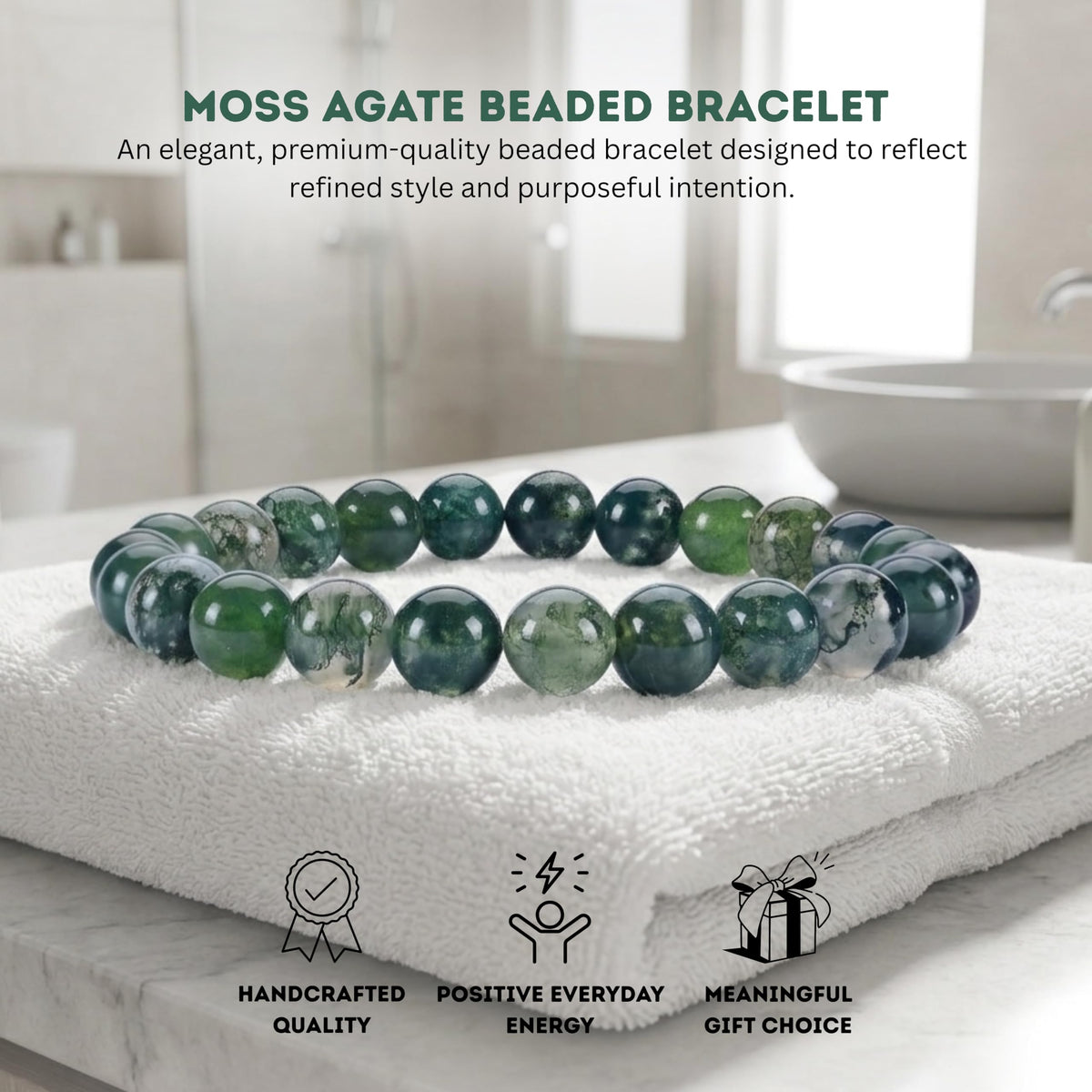 Cherry Tree Collection Moss Agate Beaded Bracelet – Genuine 8mm Gemstone Stretch Bracelet for Men & Women – Handmade Crystal Bracelet - (Moss Agate - S)