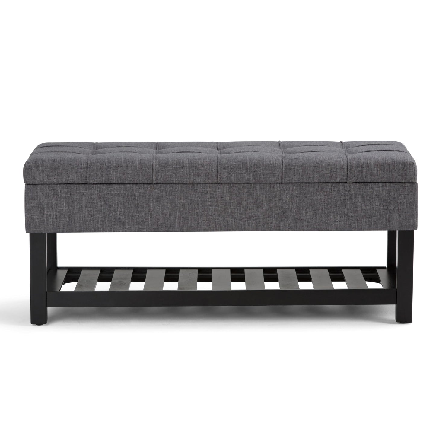 SIMPLIHOME Saxon Storage Ottoman Bench - 43 inch Wide Upholstered Linen Look Fabric Rectangle Storage Ottoman in Slate Grey, Transitional Bench for Bedroom with Tufted Lift-Top and Open Bottom Shelf
