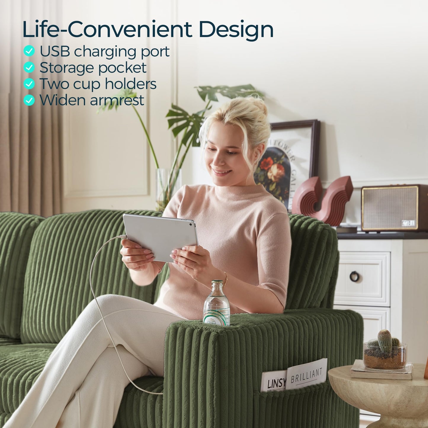 LINSY HOME Sectional Sleeper Sofa Pull Out Couches for Living Room (Green, Sleeper Sofa 1) | Pull Out Sofa Bed, Storage, USB Charging, Cup Holders, Plush Corduroy