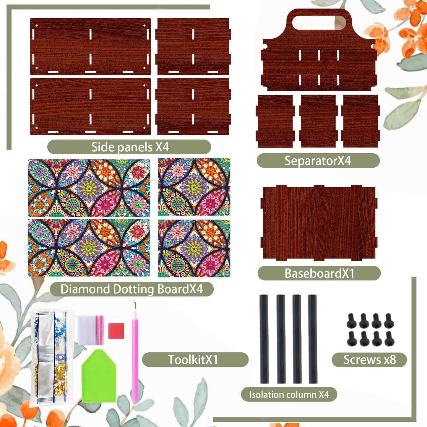 Xylzzuit Diamond Art Painting Multi-grid Storage Box with Handle Wooden DIY Assembly Tabletop Makeup Brushes Pens Desktop Craft Organizer Living Room Office Home (Mandala)