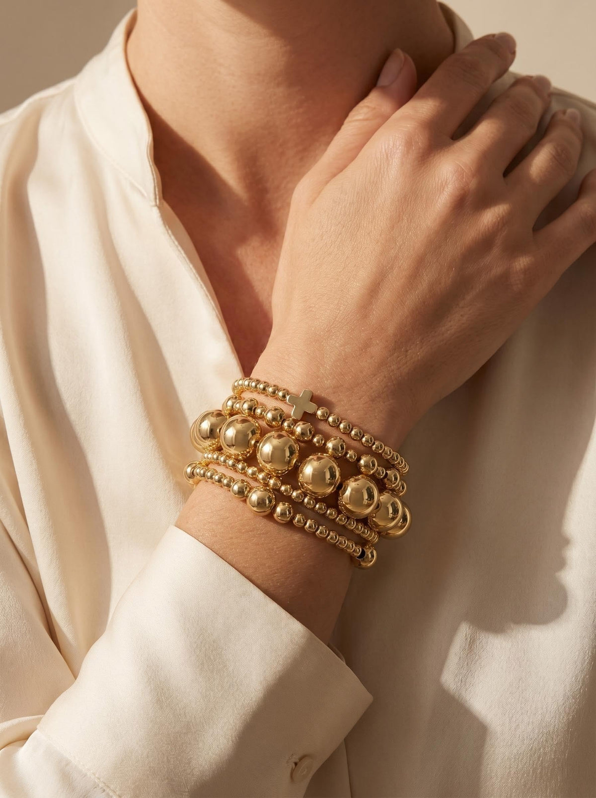 Qiuseadu Chunky Gold Beaded Stack Bracelets Beads Ball Cross Colorful Statement Bracelets Set for Women (Full Gold Statement)