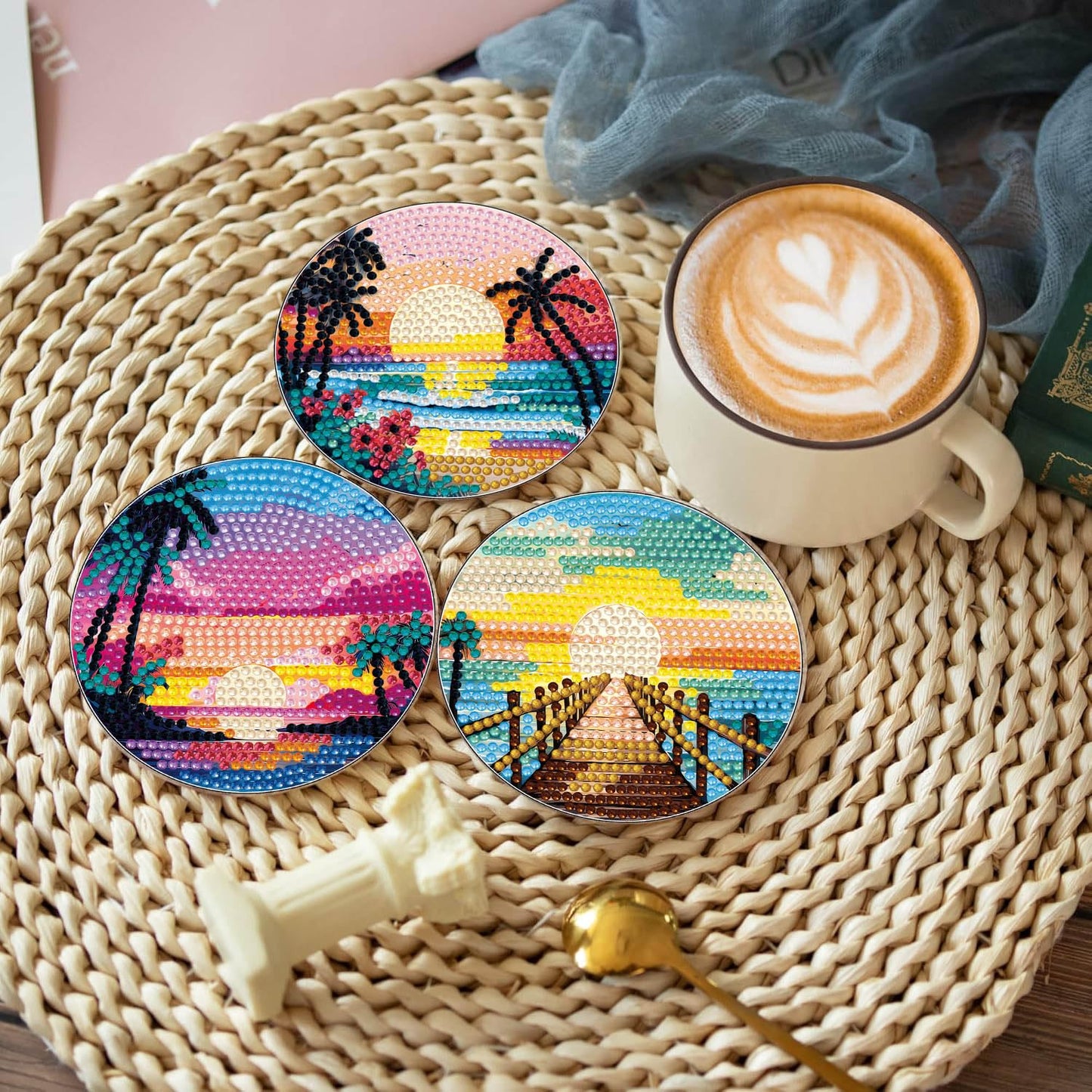 Dlylust 8 PCS Abstract Moon Diamond Art Coasters Kits, Diamond Painting Coasters with Holder Set of 8, DIY Drink Art Crafts Supplies for Adults Cup Mat House Warming Gifts Non-Slip 3.9inch