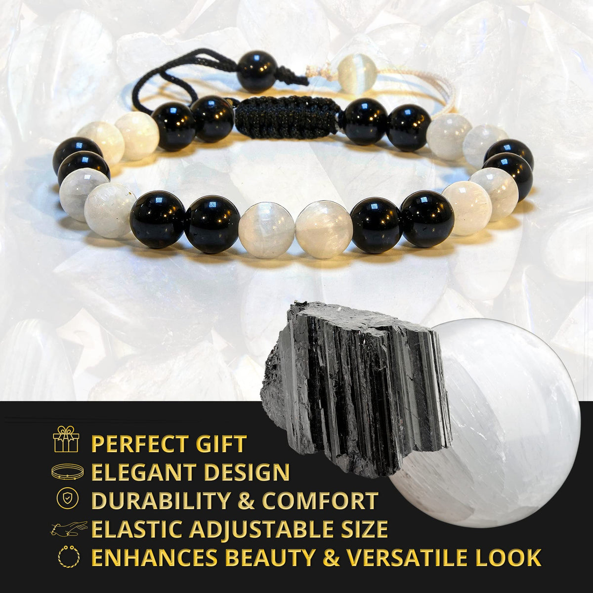 ANAYA AGATE Healing Crystal Bracelet – Chic Gemstone Bracelet for Men and Women – 8mm Round Bead Bracelets for Spiritual Healing, Protection, Positive Energy - Selenite Black Tourmaline