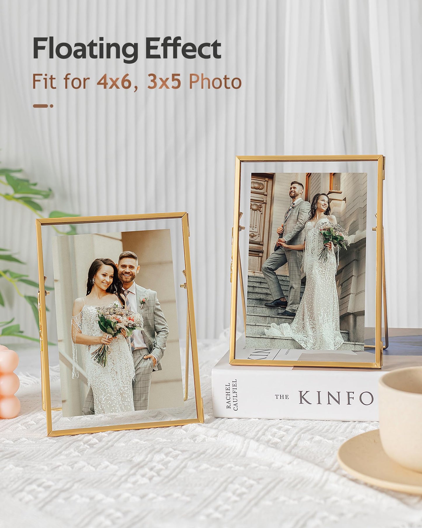 Jajamy Gold Floating Picture Frame Set of 2, Tempered Glass Floating Frames 5x7, Gold Picture Frame for Multi Size Photo 4 x 6, 3 x 5 for Tabletop Display