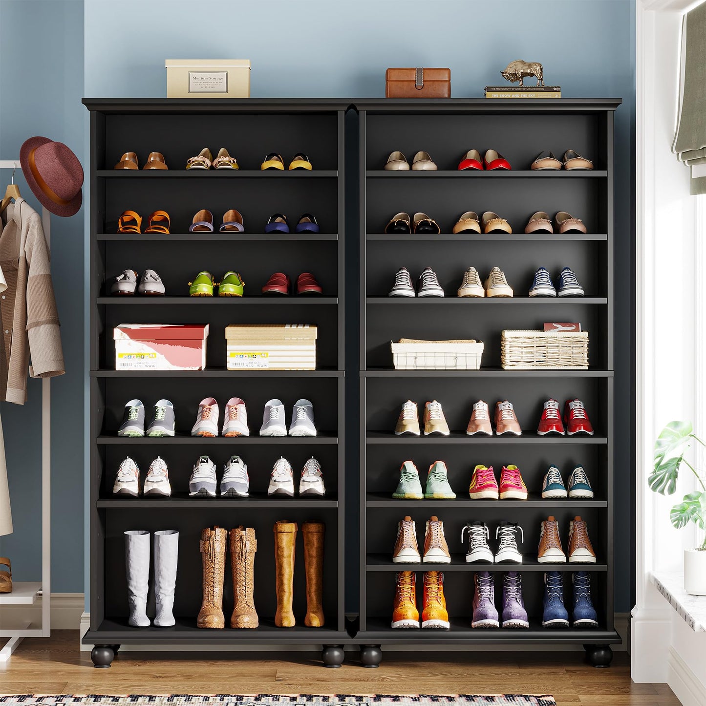 Tribesigns Narrow Tall Shoe Cabinet with LED Lighting, 9-Tier 30 Pairs Freestanding Shoes Storage Cabinet, Wood Shoe Organizer Cabinet with Solid Wooden Legs for Entryway (2, Black)
