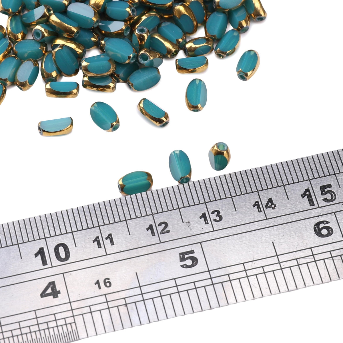 DADIFEN Glass Rice Beads Peacock Blue 4x6mm 50pcs Faceted Oval Golden Edge Crystal Loose Beads for DIY Craft Jewelry Making