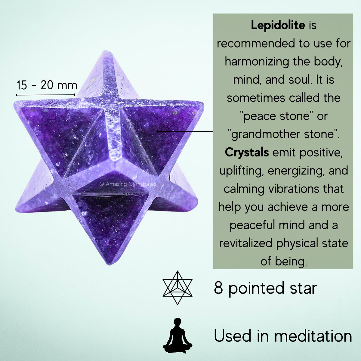 Amazing Gemstone Lepidolite Merkaba Crystal - 0.75 Inches Metaphysical Merkaba Star for Meditation - Energetic Tetrahedron Crystal and Healing Stones for Spiritual Growth and Healing (15-20mm)