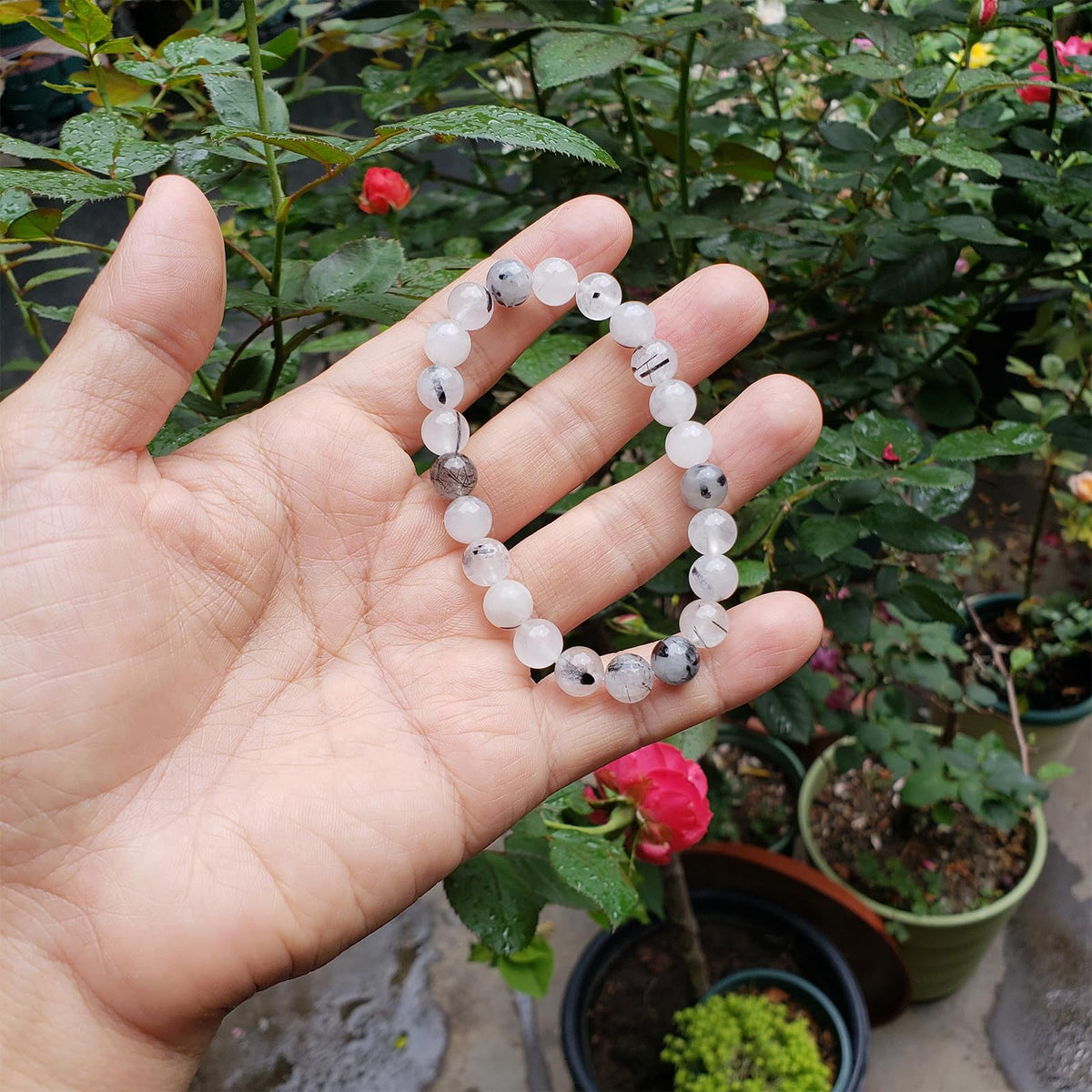 chengmu 8mm Black Rutilated Quartz Stretch Bracelet, Natural Gemstone Round Stone Crystal Beads for Beaded Elastic Bracelet 7.5"