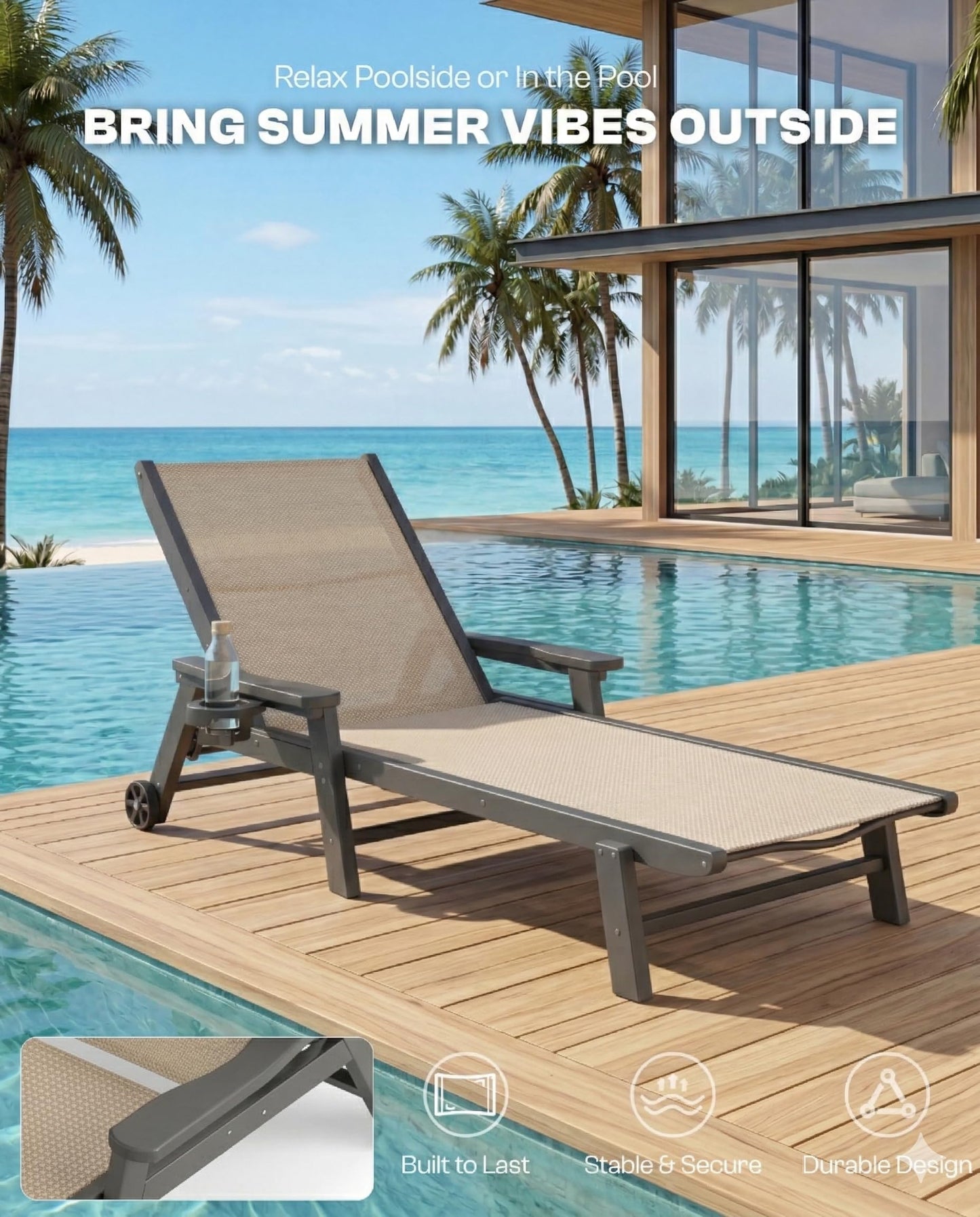 Tobeos Patio Chaise Lounge Chairs with Wheels & Cup Holder, All-Weather HDPE & Textilene Outdoor Pool Lounge Chairs, Grey Frame, Khaki Textilene, Set of 2