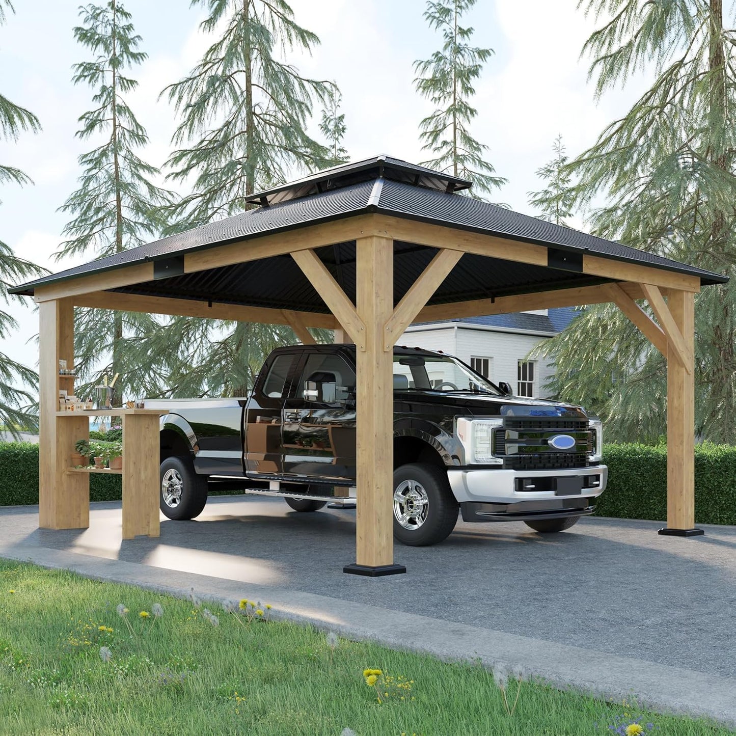 AMERLIFE 13x15 Spruce Wood Hardtop Carport, Outdoor Gazebo with Double Metal Roof & Storage Bar, Paviloin with Wood Frame for Patio, Parties, Garage, Lawns