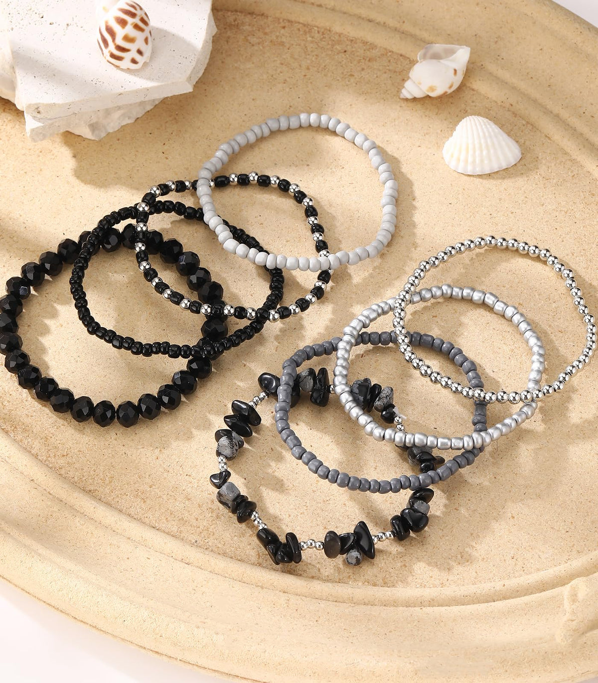 Noessla Boho Beaded Bracelets for Women Stackable Irregular Natural Stone Bead Stretch Bracelet Set 8PCS Costume Jewelry Gifts for Her(Black Grey)