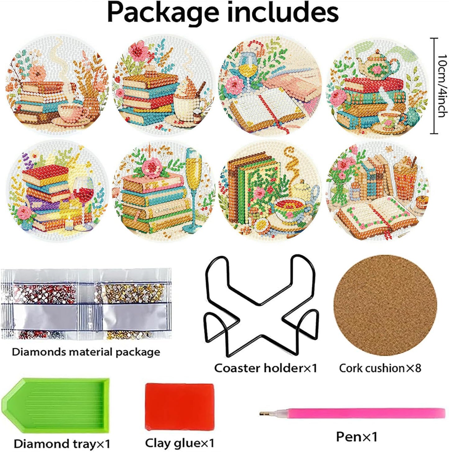 8 PCS Diamond Art Coasters Kits Book Diamond Painting Coaster Kits Diamond Coasters with Holder Cork Pads Gem Art Dots Paintings Crafts Supplies for Adults Beginners
