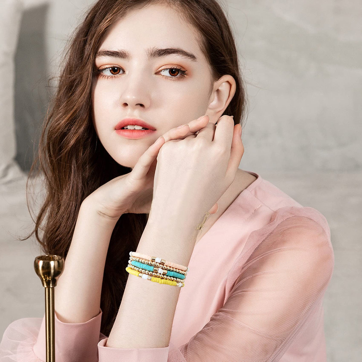 GOOJIDS Surfer Heishi Clay Bead Bracelets for Women Bohemian Stackable Gold Plated Beaded Stretch Bracelets Elastic Layering Friendship Bracelets Set Boho Jewelry