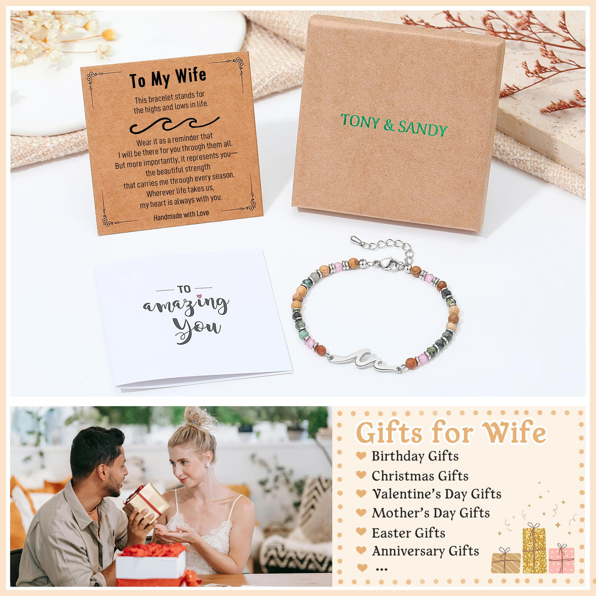 TONY & SANDY Wife Birthday Gifts, Mothers Day Gifts for Wife from Husband, Wave Bracelet for Women, Unique Wedding Anniversary Valentines Day Gift for Wives Christmas Jewelry Presents Idea