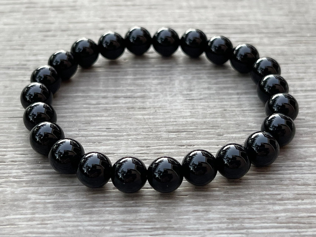GAF TREASURES Black Onyx Crystal Bead Bracelet 8mm, Genuine Black Onyx Stretch Gemstone Bracelet, Healing Crystal Bracelet, Gift for Men & Women (1)