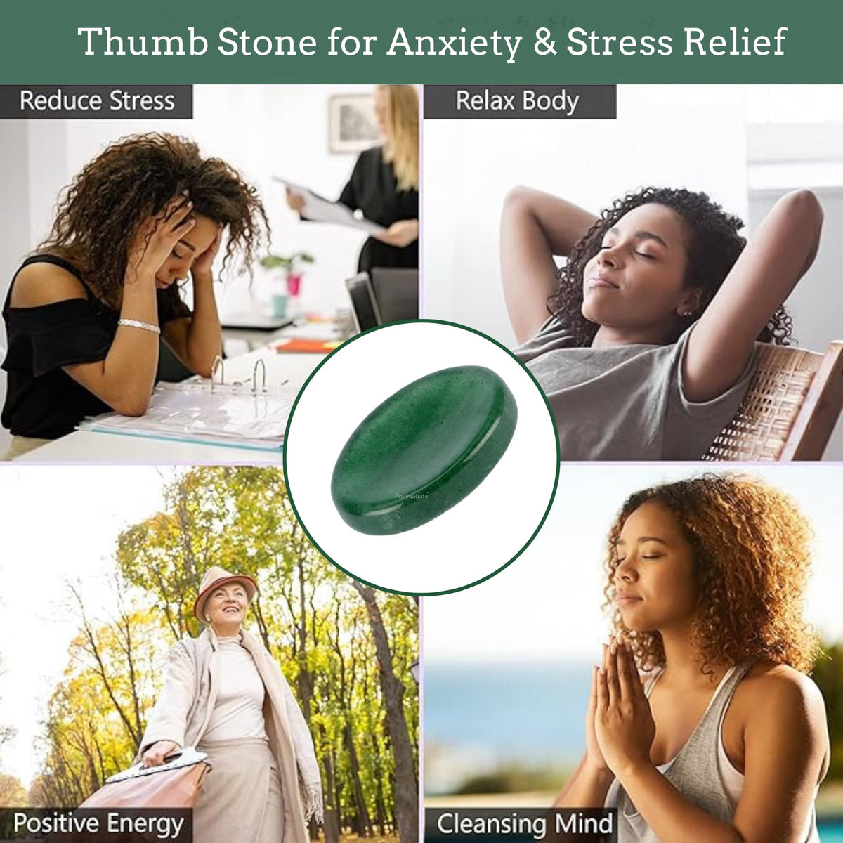 Anaya Agate Green Strawberry Worry Stones Certified Crystal Thumb Worry Stone for Anguish, Relaxing and Soothing Balance Stones for Meditation, Stress Relief Crystals and Healing Stones for Men, Women