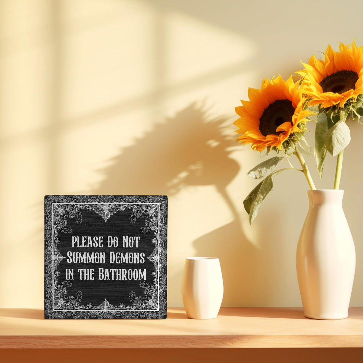 FHUGX Funny Gothic Bathroom Wooden Box Sign,Gothic Halloween Box Sign,Please Do Not Summon Demons In The Bathroom Sign For Home Barthroom Toilet Restroom Decor,Halloween Gothic Bathroom Decor,5x5 Inch