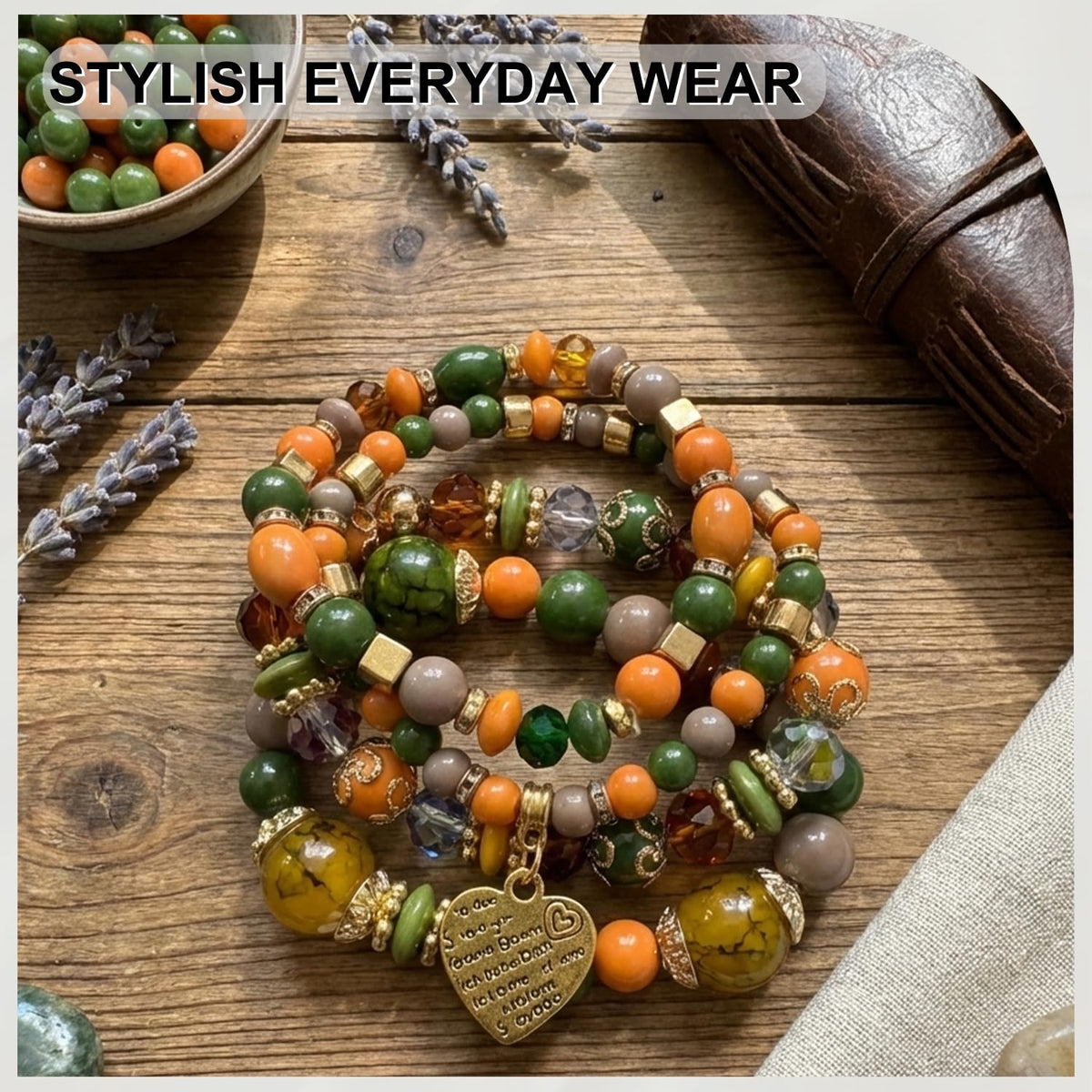 Ysenchan Bohemian Bracelet Set for Women, 4 Pcs Beaded Stackable Bracelets with Heart Charm, Stretch Bracelets, Boho Jewelry Gift – [DarkColor]
