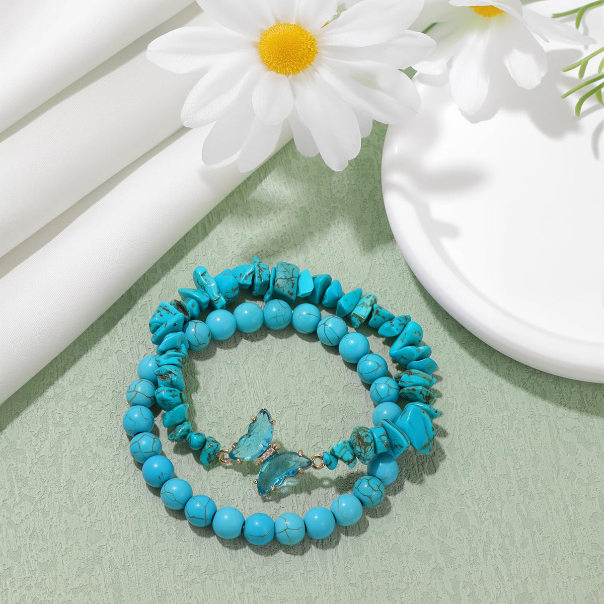 GolbalJew Turquoise Beaded Bracelet for Women Healing Crystal Stone Bracelets Blue Beads Stretch Bracelet Butterfly Charms Jewelry Women Gift