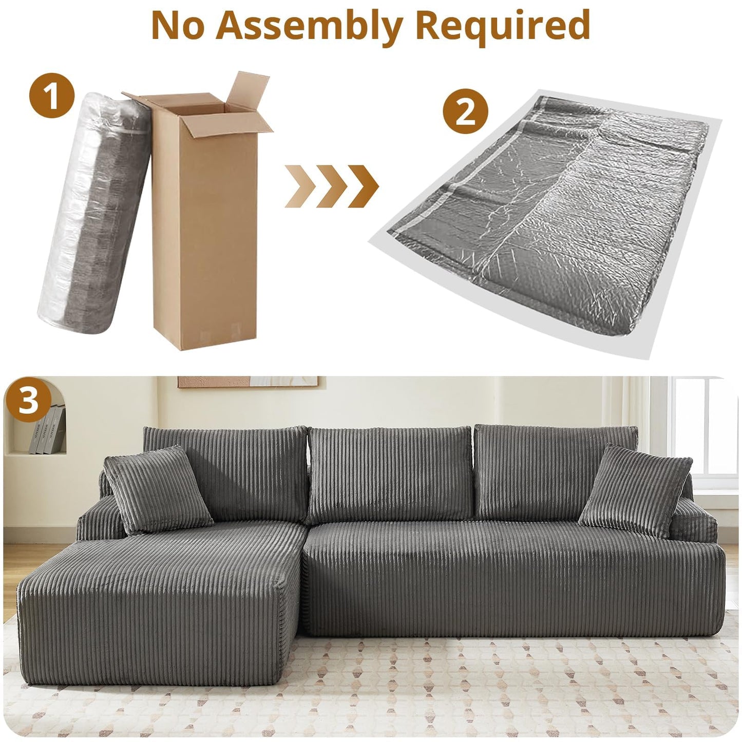 Cloud Boneless L-Shape Couch 108" Modern Sectional Comfy No Assembly Required Sleeper Modular Sofa with Corduroy Fabric Deep Seat Loveseat + Chaise Lounge Chair for Living Room