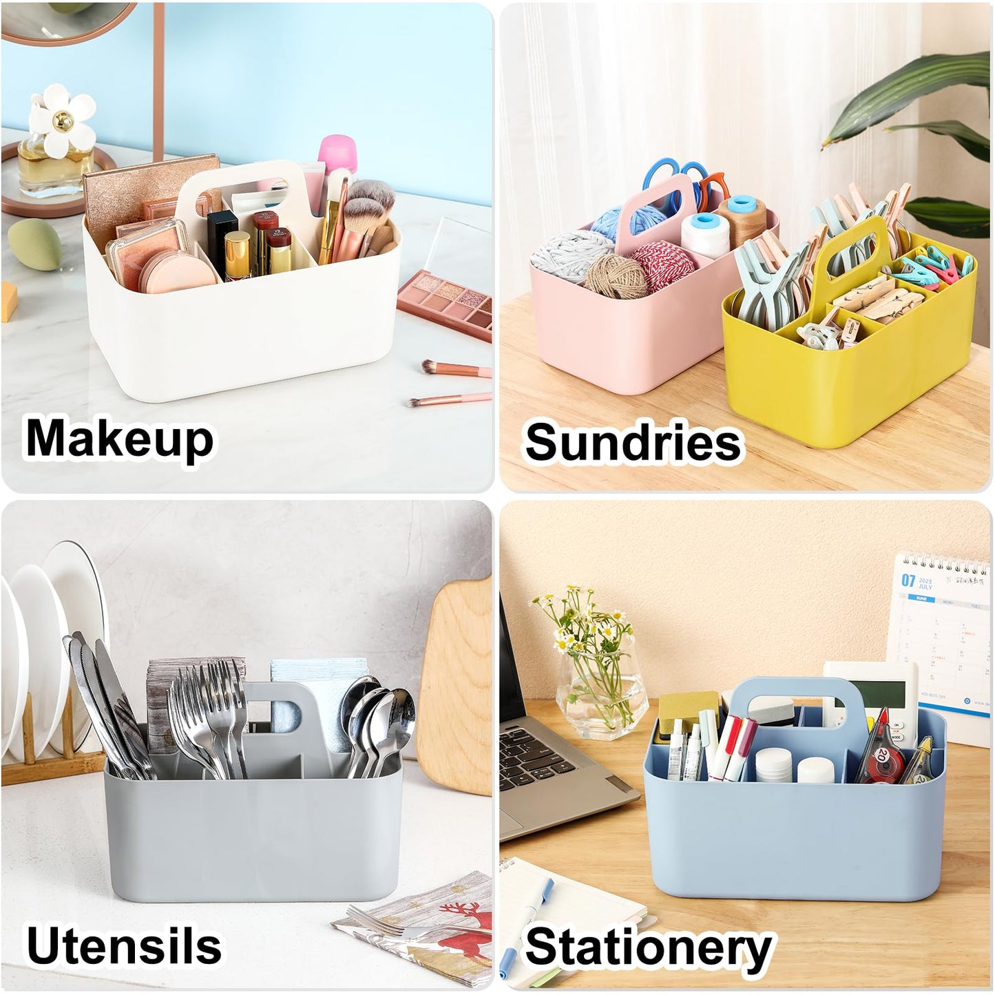 Multiuse Caddy Organizer with Handle, Portable Divided Plastic Tote Bin - Art Craft, Stationary Pen Marker Crayon, Makeup Hair Supplies Storage - Bathroom, Classroom, Dorm, Office, Desk Holder -Yellow
