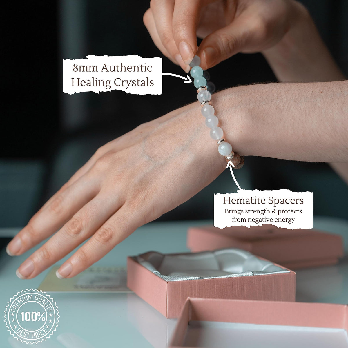 Mother's Ray Pregnancy Bracelet With Healing Crystals - Pregnancy Crystals - Moonstone Amethyst - 8mm Beads - Stretchy Cord - One Size Fits All - Congrats On Pregnancy Gifts Baby Shower