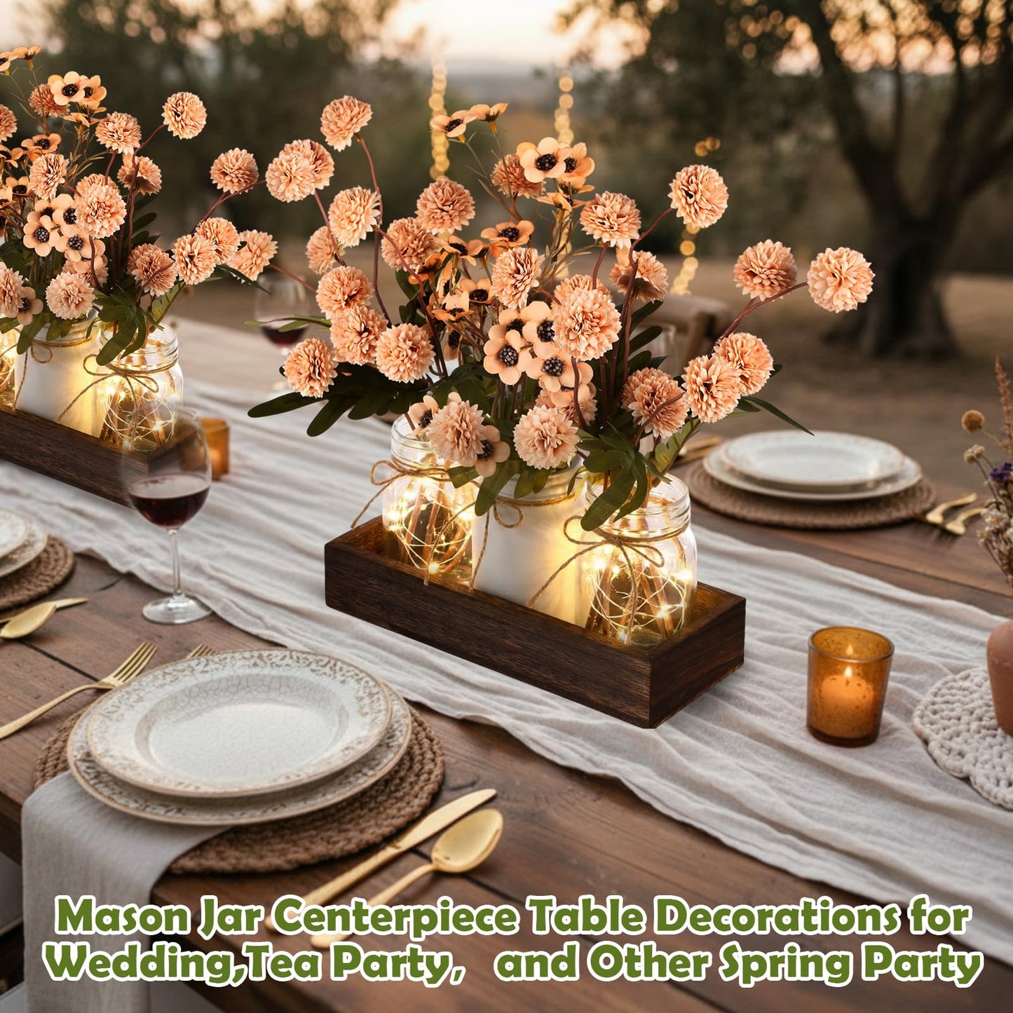 Suncalla 3 Pcs Summer Mason Jar Centerpiece Table Decorations Khaki Faux Kiku Flowers Decorations with Wood Tray and LED Light for Dining Kitchen Bathroom Farmhouse Coffee Table Decor