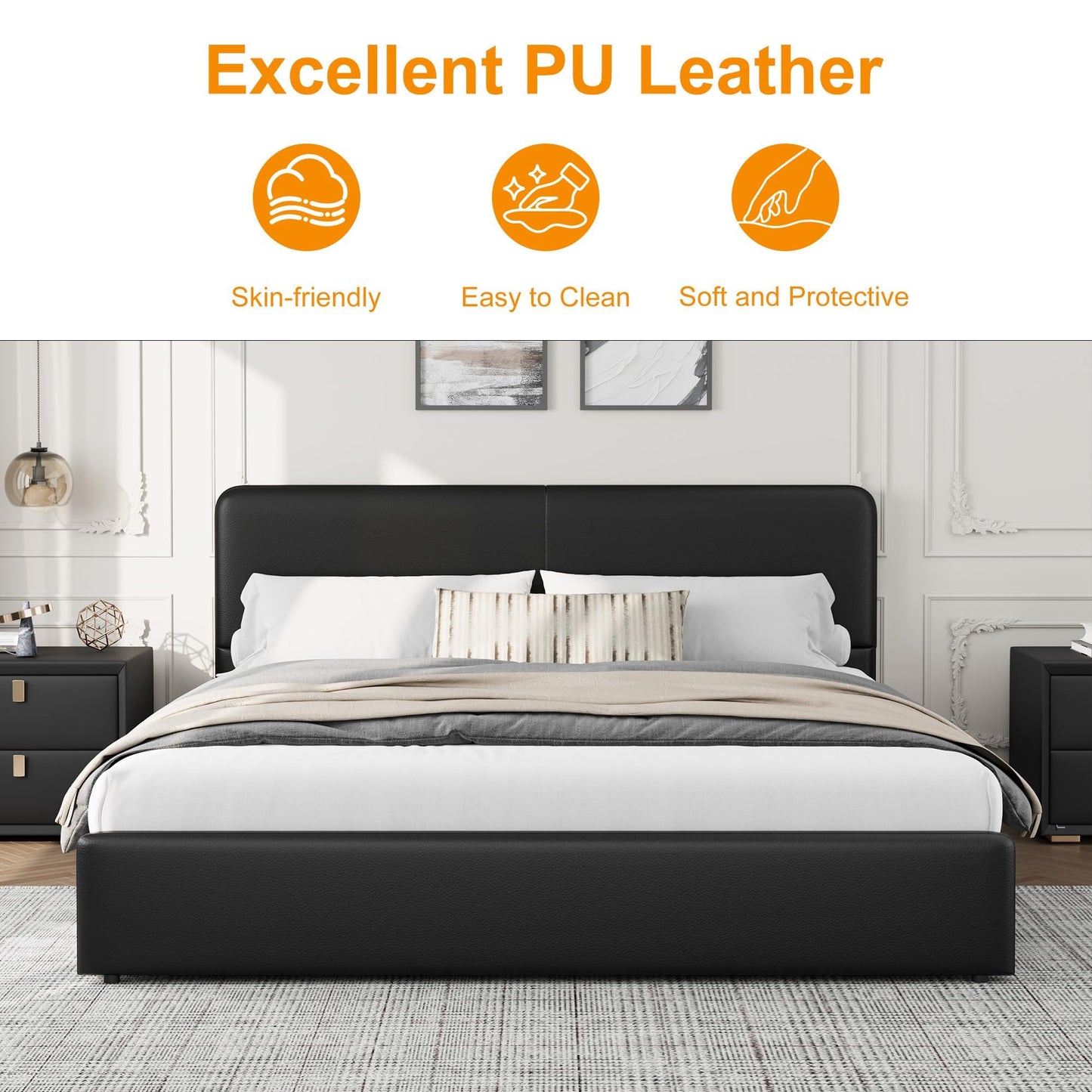 GarveeHome Modern Upholstered Platform Bed Frame with Headboard and Storage Drawers – PU Black Faux Leather, Sturdy Wooden Slat Support, Noise-Free, No Box Spring Needed, Easy Assembly – King Size, PU