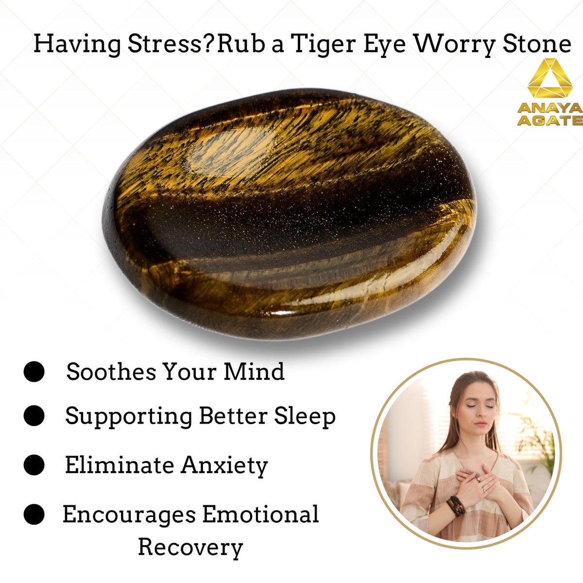 Anaya Agate Tiger Eye Worry Stones Certified Crystal Thumb Worry Stone for Anguish, Relaxing and Soothing Balance Stones for Meditation, Stress Relief Crystals and Healing Stones for Men, Women