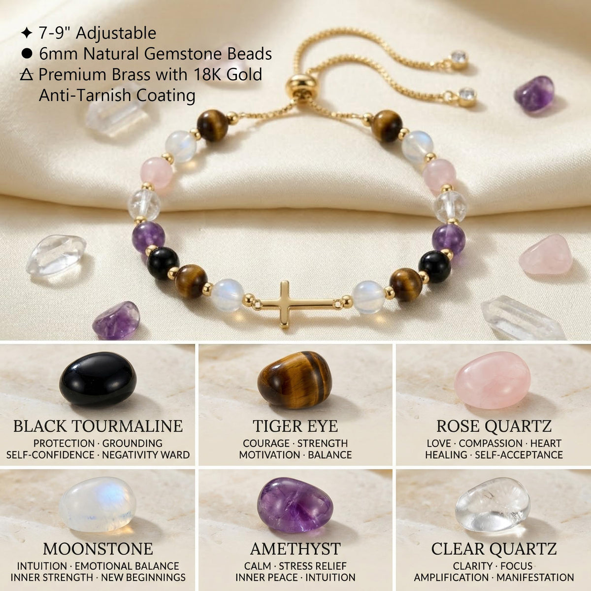 Aghfacy Christian Gifts for Women Birthday Cross Bracelet Natural Gemstone Crystal Bracelet Gold Cross Charm 60th Birthday Gifts for Women Adjustable with Message Card
