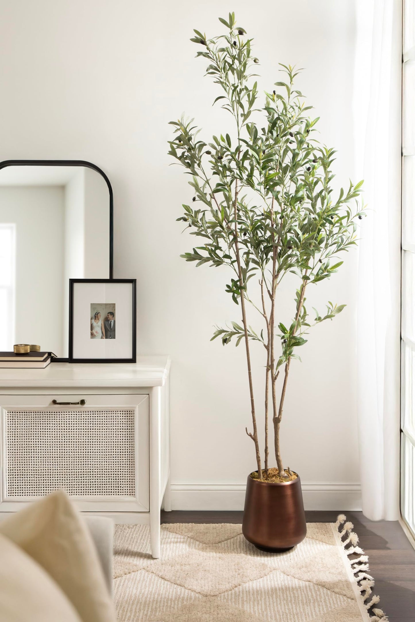 Kate and Laurel Oliveira Faux Olive Tree with Portell Metal Planter Pot, 7 FT, Bronze, Potted Artificial Olive Plant Tree with Realistic Foliage and Added Moss, Fake Plant Living Room Decor