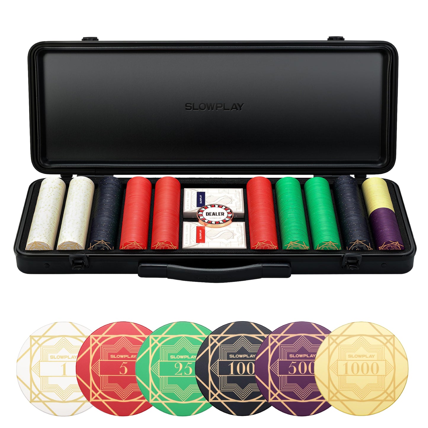 SLOWPLAY Nash Ceramic Poker Chips Set for Texas Hold'em, 500 PCS [with Numbered Values], 39mm & 10g Each | Features a High-end Chip case with Extra Durable German Polycarbonate Shell