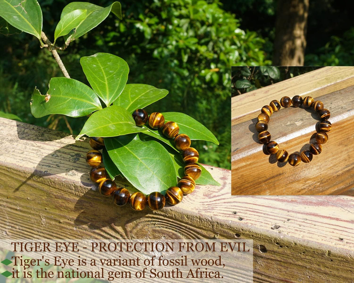 12MM Tiger Eye Bracelet Men | Natural Golden Yellow Cats Eye | Handmade Stretch Jewelry for about 8 inch Wrist Size | Bring Luck Fortune Courage Confidence | Chakra Gemstones Spritual choice for Men