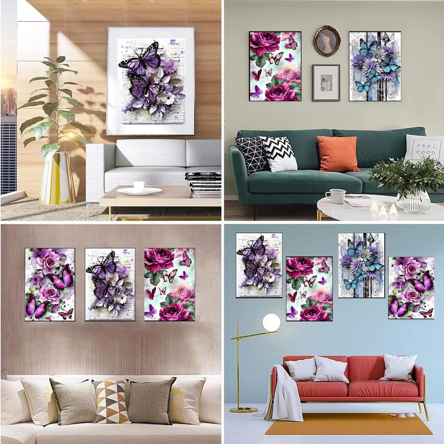 EWJRNSF 5D Diamond Painting Kits for Adults, Diamond Arts Kits Diamond Art Sets,Gem Painting by Number Kits for Adults Beginners Home Wall Decor 11.8x15.7 Inches 4 Pack Flowers Butterfly