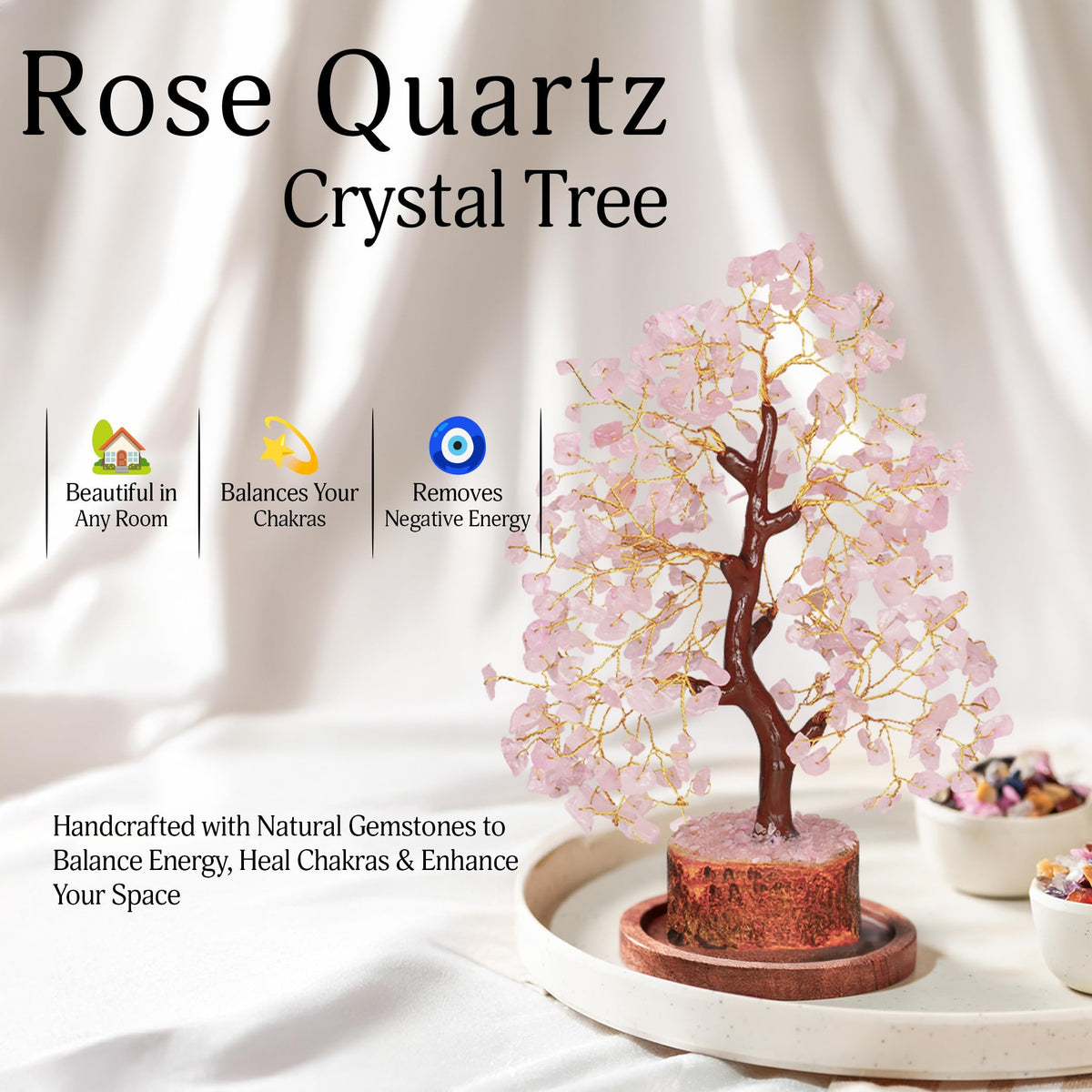 YATSKIA Rose Quartz Tree - Quartz Crystal Tree for Positive Energy - Birthday Gifts for Women - Feng Shui Decor - Gemstone Home Decor - Pink Desk Accessories
